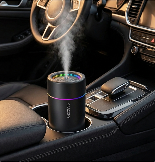 AuraDrive Car humidifier emitting steam in a car's cup holder.